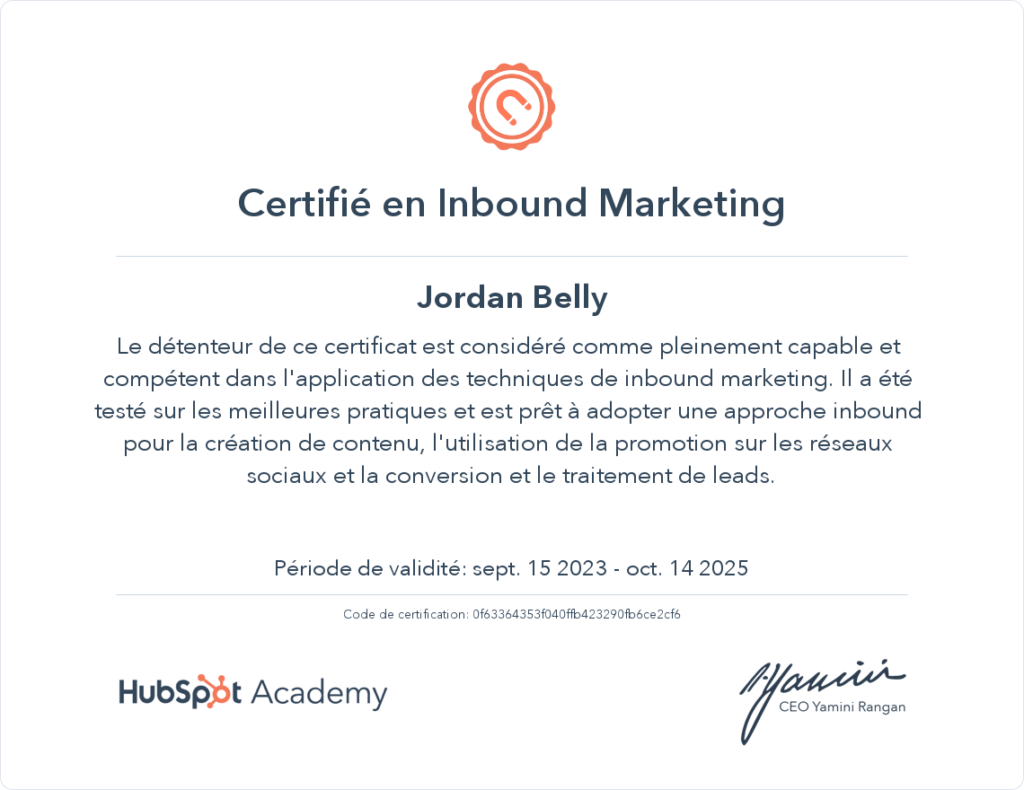 Certificat inbound marketing Hubspot Academy